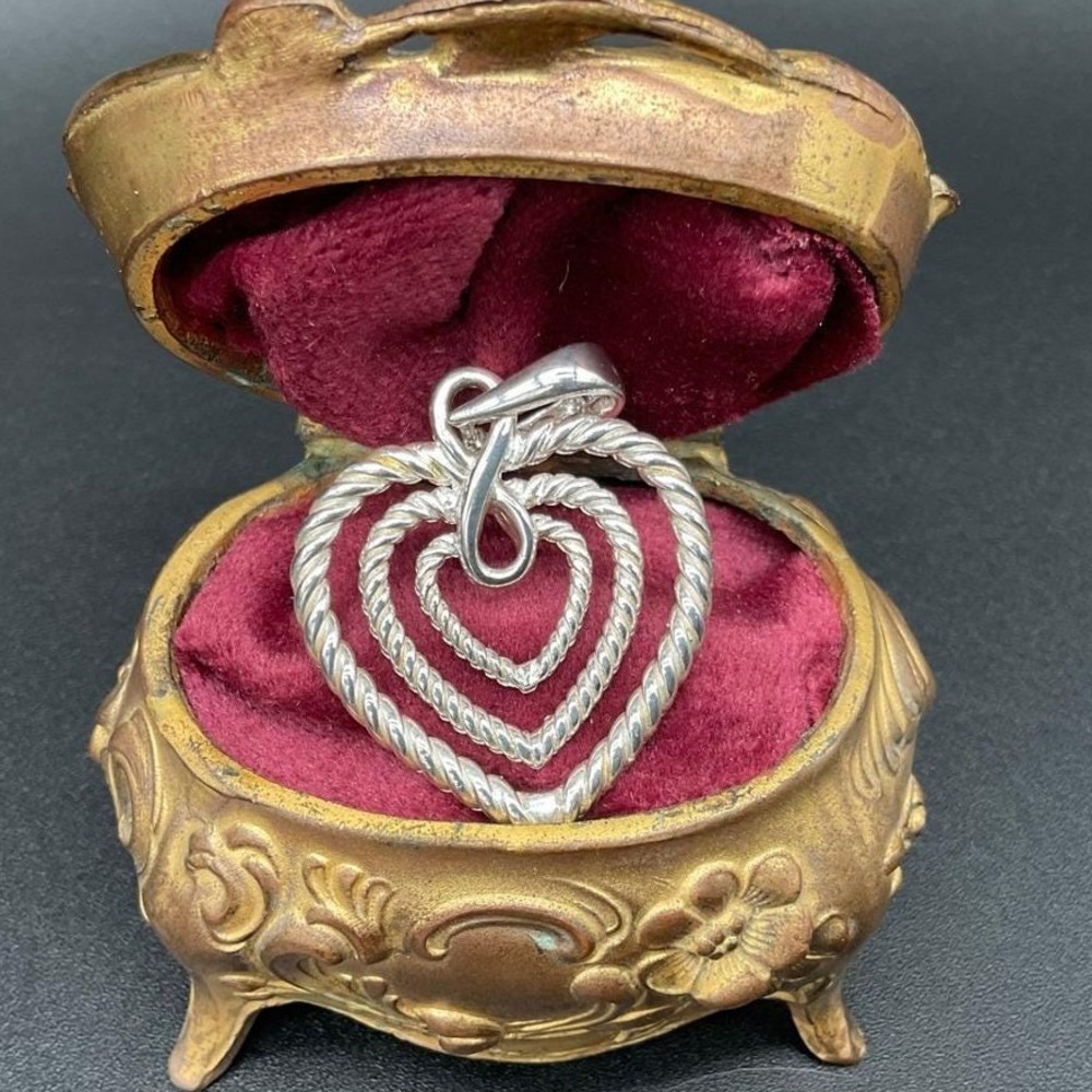 Sterling Silver Triple Heart Pendant W Twisted Rope Design Romantic Open Heart